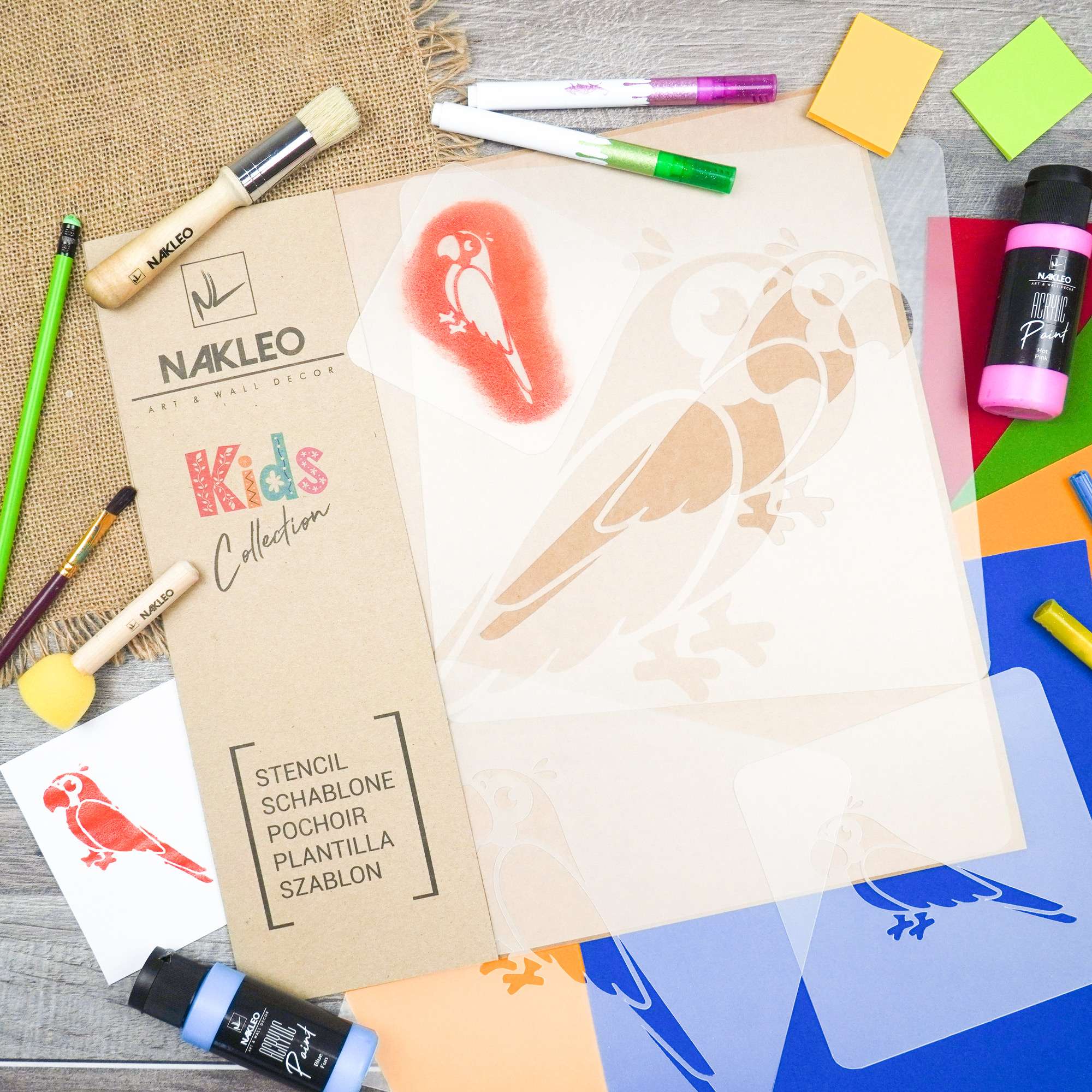 KIDS Herbruikbare Plastic Sjabloon Stencils (5 stuks) // PAPEGAAI - VOGEL KIDS Herbruikbare Plastic Sjabloon Stencils (5 stuks) // PAPEGAAI - VOGEL